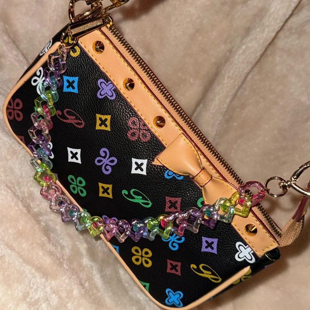Black Multicolor Studded Monogram Shoulder Bag Tan Trim Bow Detail W Bag Chain! - Picture 4 of 12